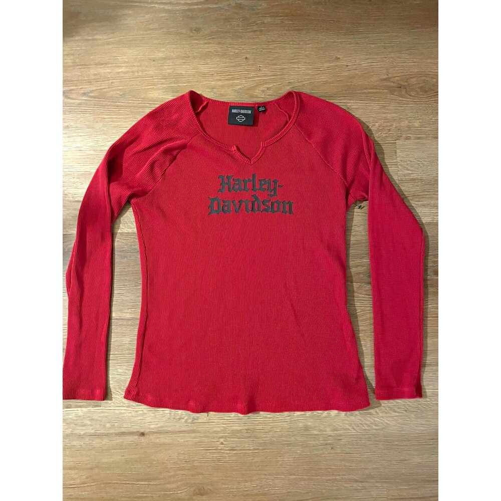 Harley-Davidson Red Waffle Knit Long Sleeve Logo Graphic Shirt, L